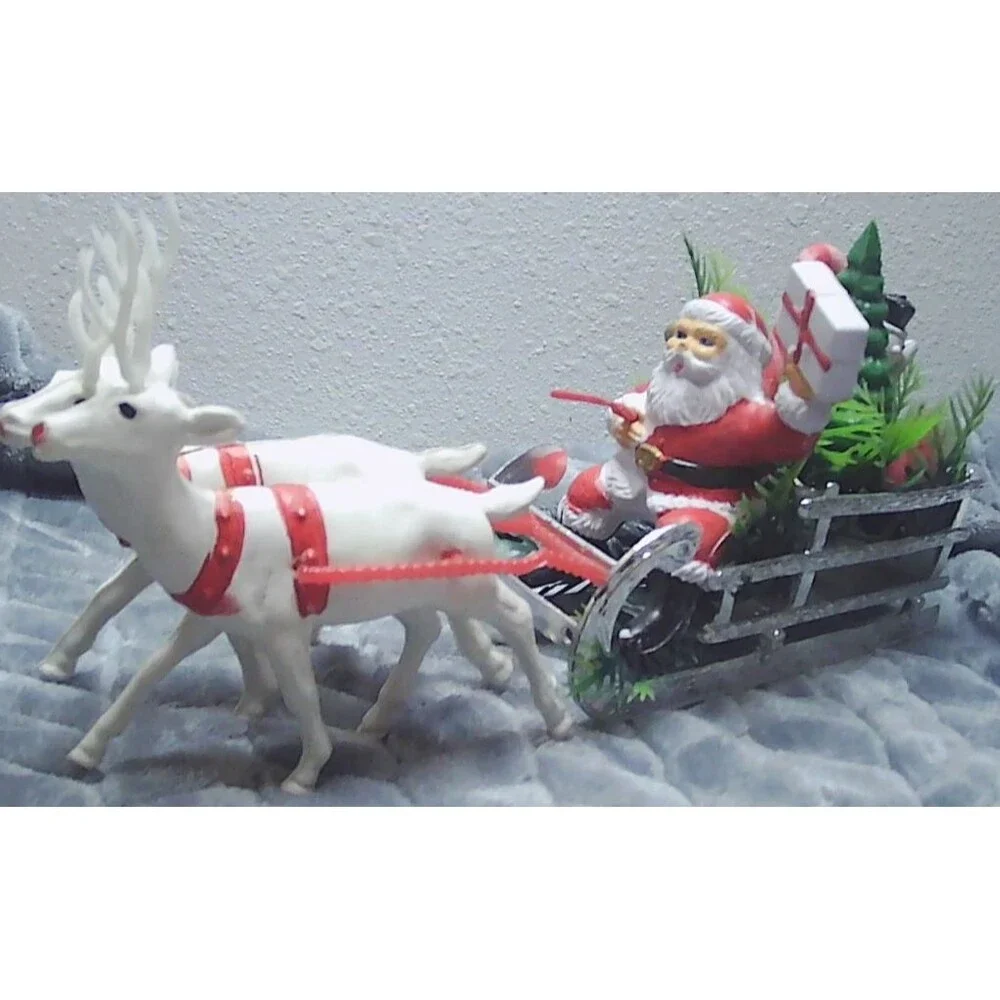 1960s/70s Plastic Xmas Kitsch Blow Mold, Santa, Sleigh & Reindeer, Holiday Decor